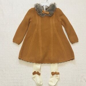 NWOT Tahari Baby Girl's Sweater Dress‎ Outfit w/ Tights 24M Faux Fur Collar